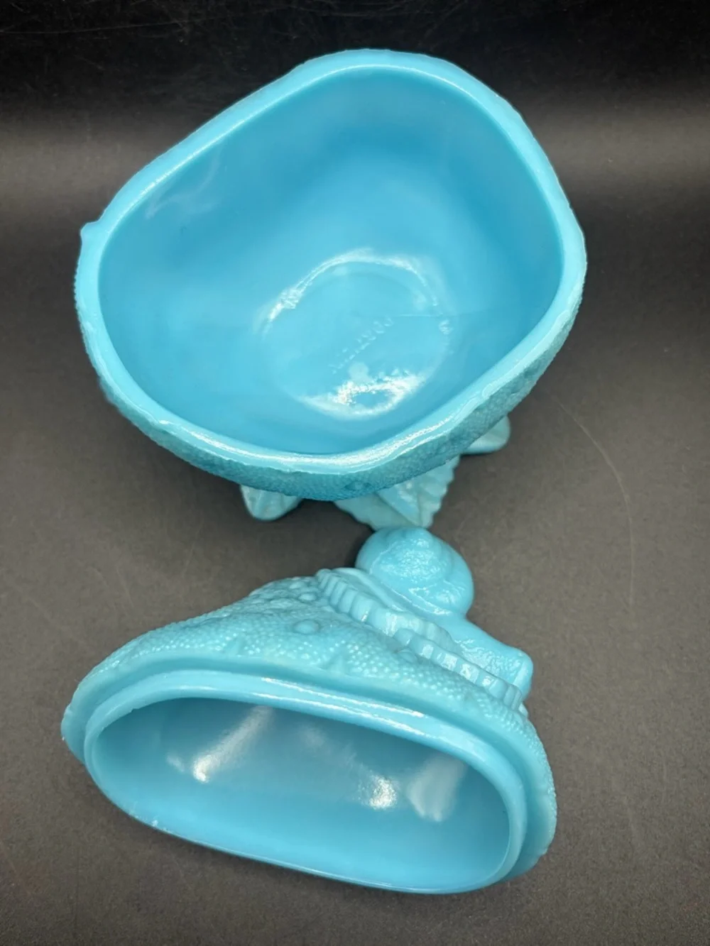Portieux Blue Milk Glass Snail on Strawberry Lidded Dish Candy Bowl Trinket Box